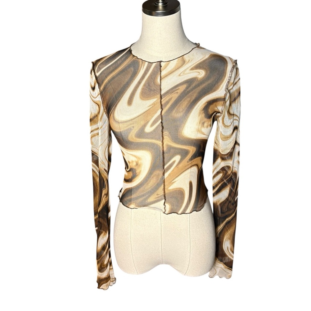 Just Polly Brown Swirl Long Sleeve Mesh Top S
